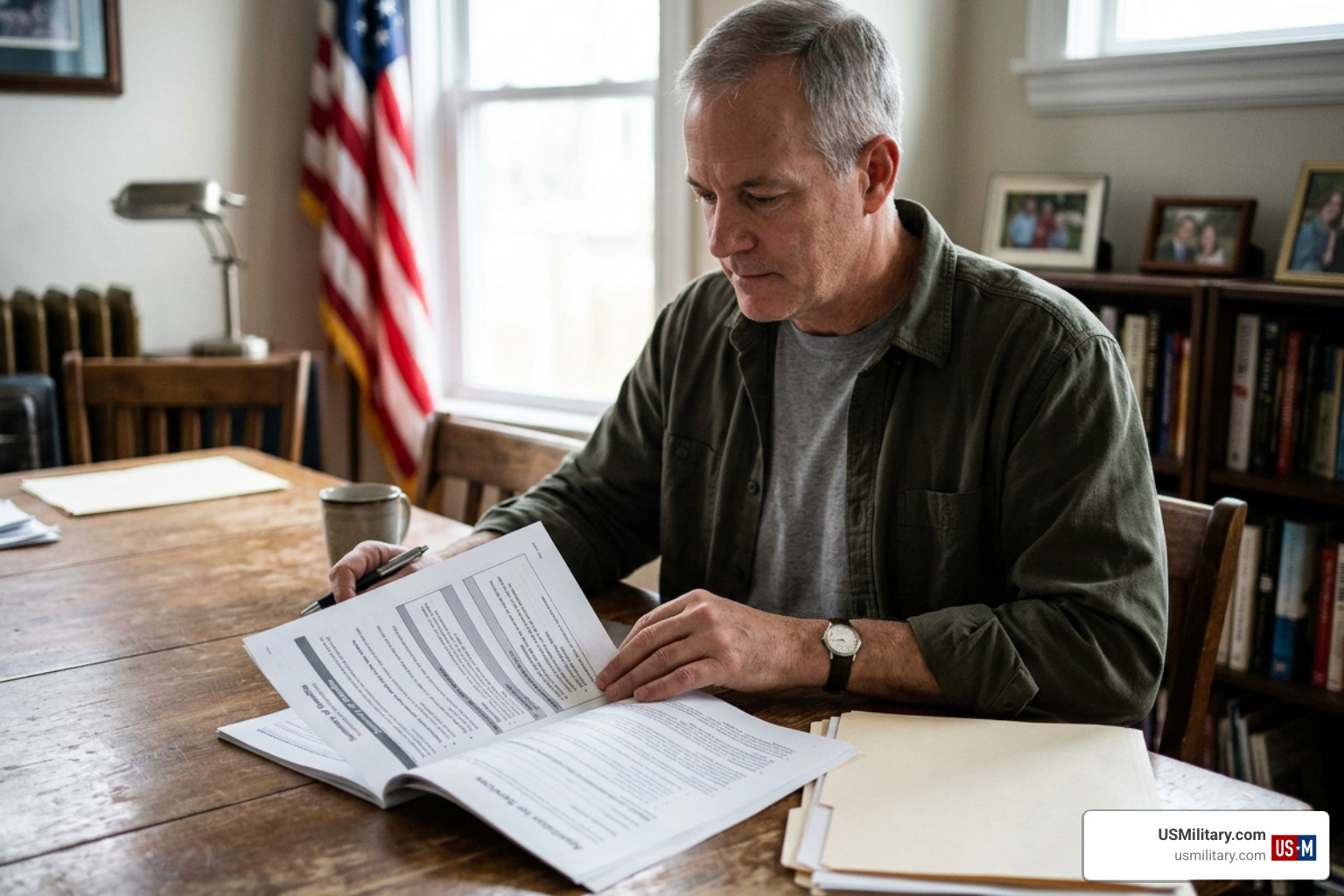 American military veteran reviewing official benefit reports American military veteran reviewing official benefit reports