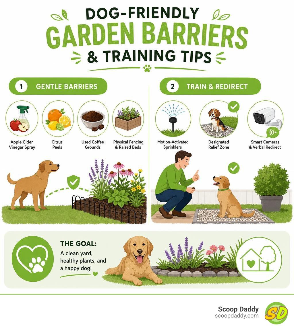 Dog-friendly garden barriers and training tips infographic