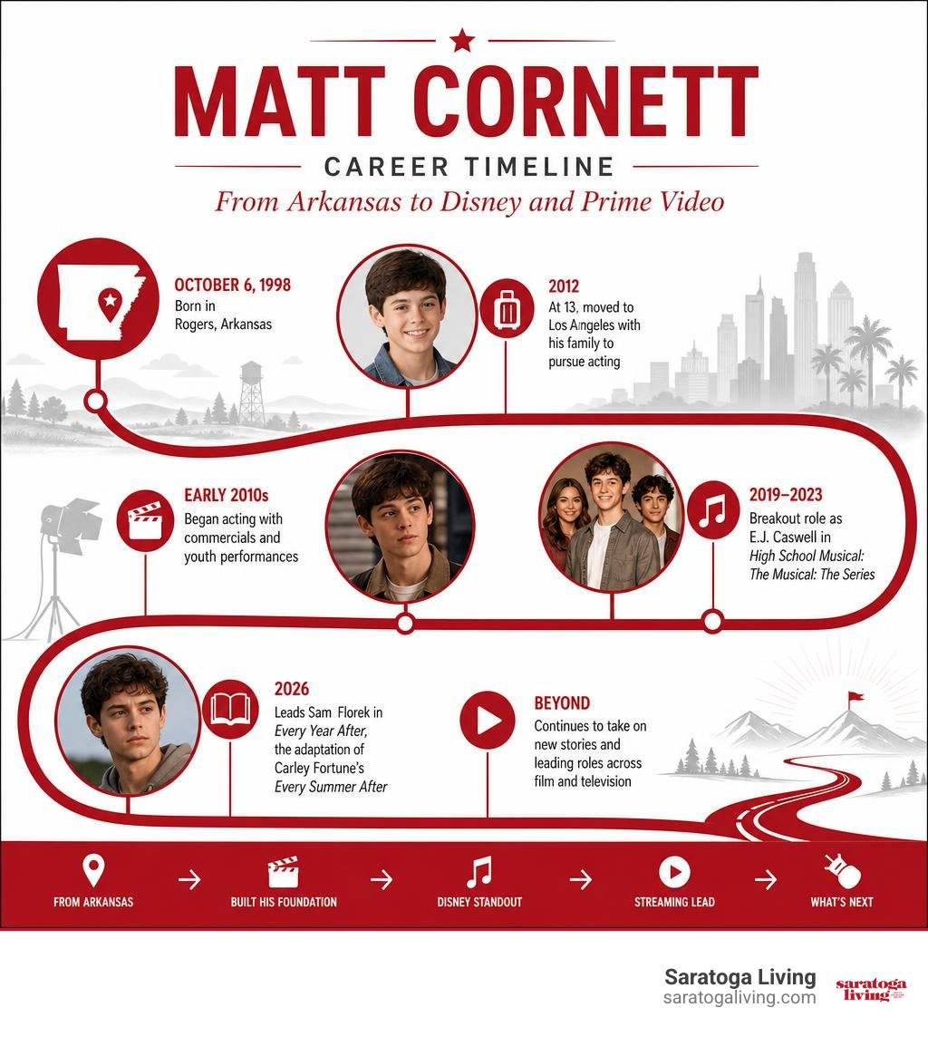 Matt Cornett career timeline from Arkansas to Disney and Prime Video infographic
