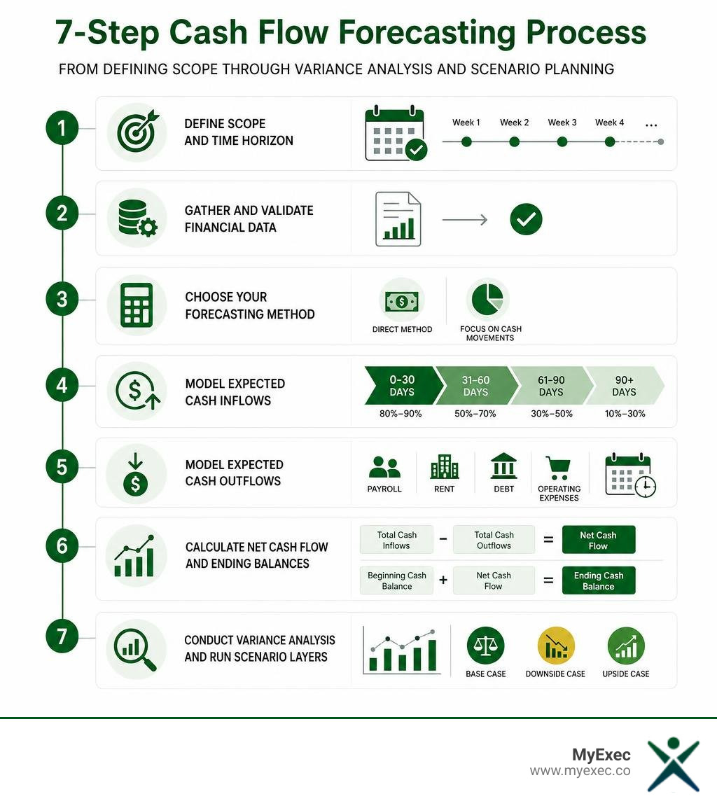 Infographic showing the 7-step cash flow forecasting process from defining scope through variance analysis and scenario Infographic showing the 7-step cash flow forecasting process from defining scope through variance analysis and scenario