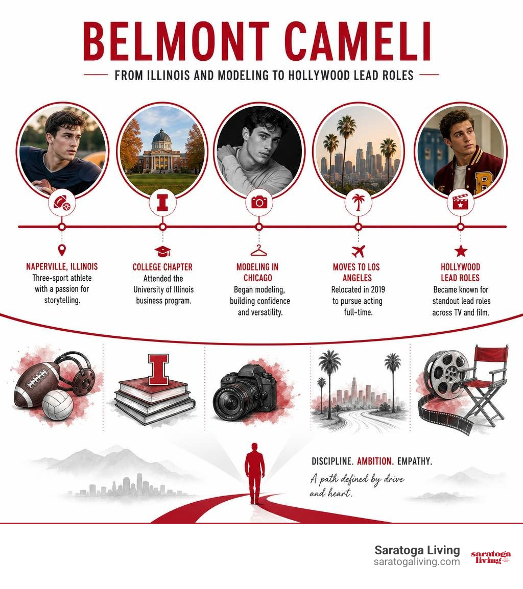 Belmont Cameli career timeline from Illinois college and modeling to Hollywood lead roles infographic Belmont Cameli career timeline from Illinois college and modeling to Hollywood lead roles infographic