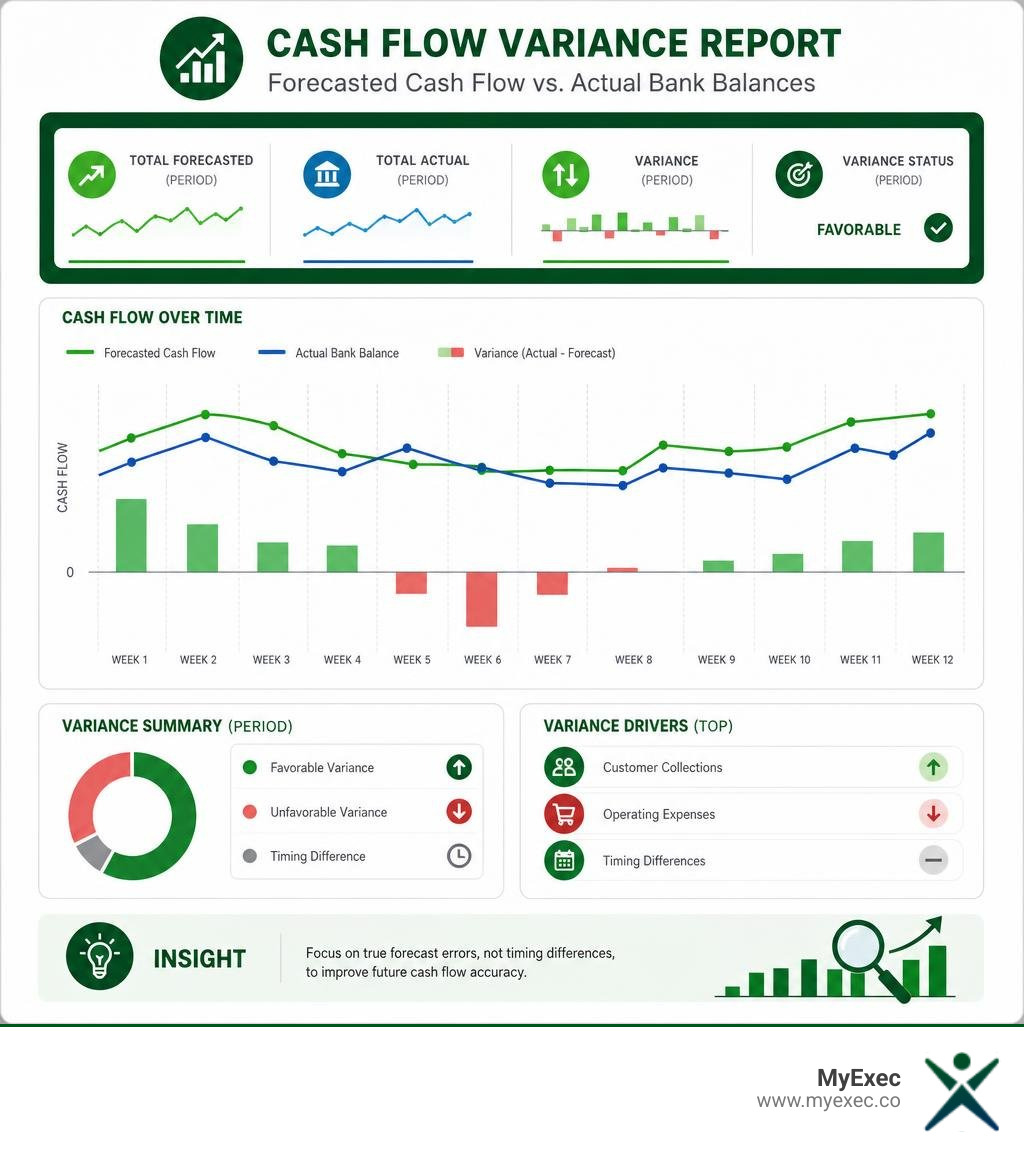 Infographic showing a cash flow variance report comparing forecasted cash flow against actual bank balances infographic Infographic showing a cash flow variance report comparing forecasted cash flow against actual bank balances infographic