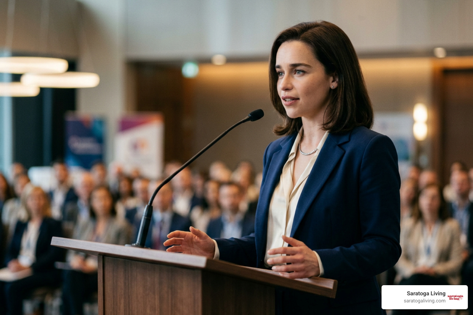 Emilia Clarke speaking at a healthcare leadership event Emilia Clarke speaking at a healthcare leadership event