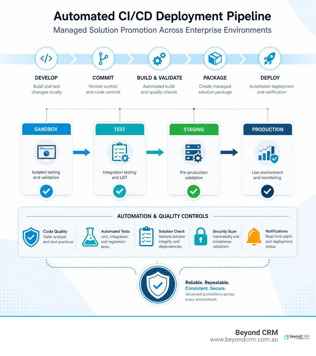 Automated CI/CD deployment pipeline for managed solution promotion across enterprise environments infographic Automated CI/CD deployment pipeline for managed solution promotion across enterprise environments infographic