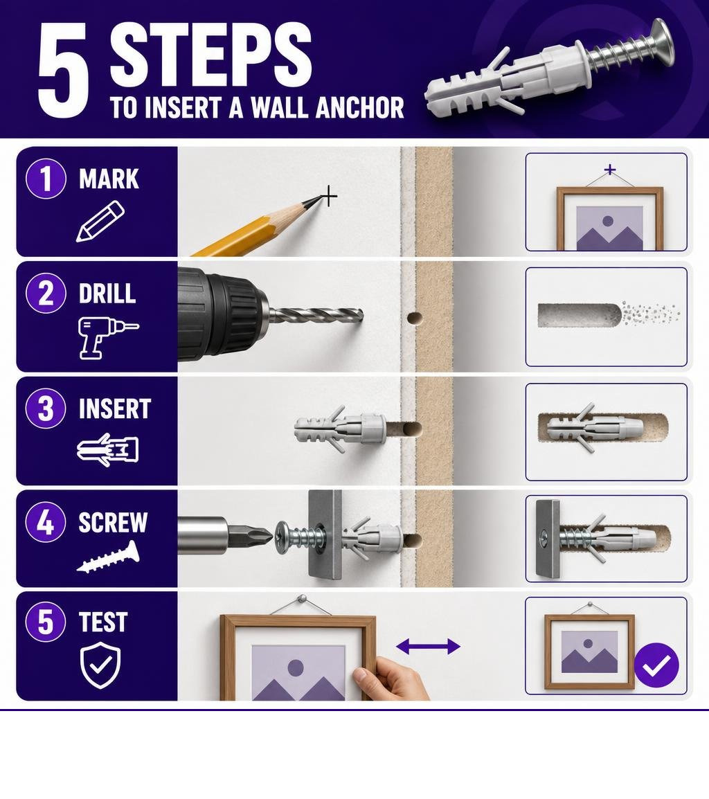 Five steps for inserting a wall anchor: mark, drill, insert, screw, test infographic