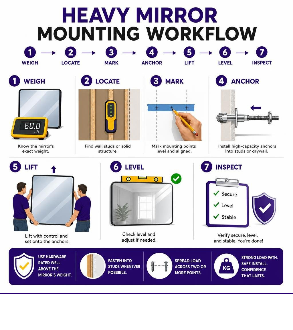 Heavy mirror mounting workflow: weigh, locate, mark, anchor, lift, level, inspect infographic