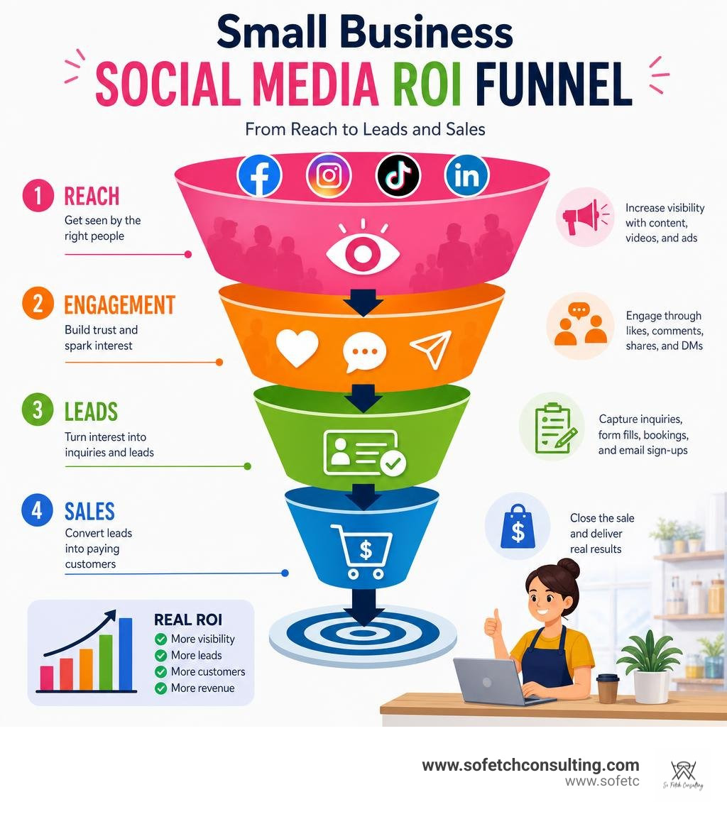 Small business social media ROI funnel from reach to leads and sales infographic Small business social media ROI funnel from reach to leads and sales infographic