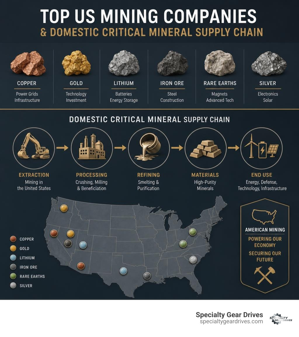 Top US mining companies and domestic critical mineral supply chain infographic Top US mining companies and domestic critical mineral supply chain infographic
