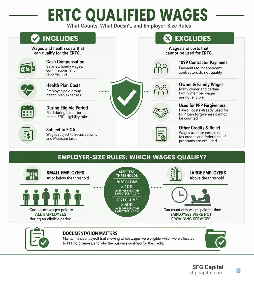 Infographic showing ERTC qualified wage inclusions, exclusions, and employer-size rules infographic Infographic showing ERTC qualified wage inclusions, exclusions, and employer-size rules infographic