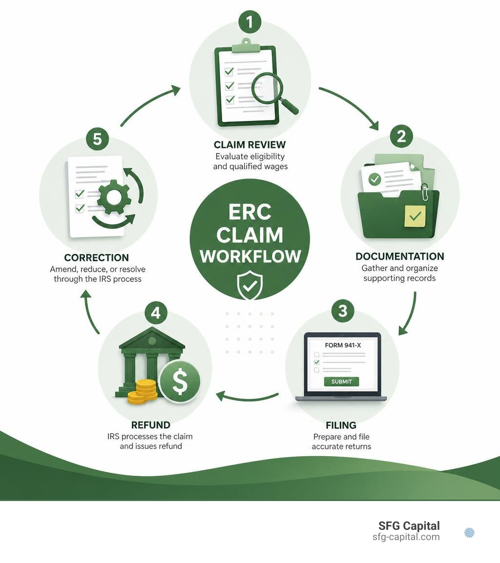 ERC claim review, documentation, filing, refund, and correction workflow infographic
