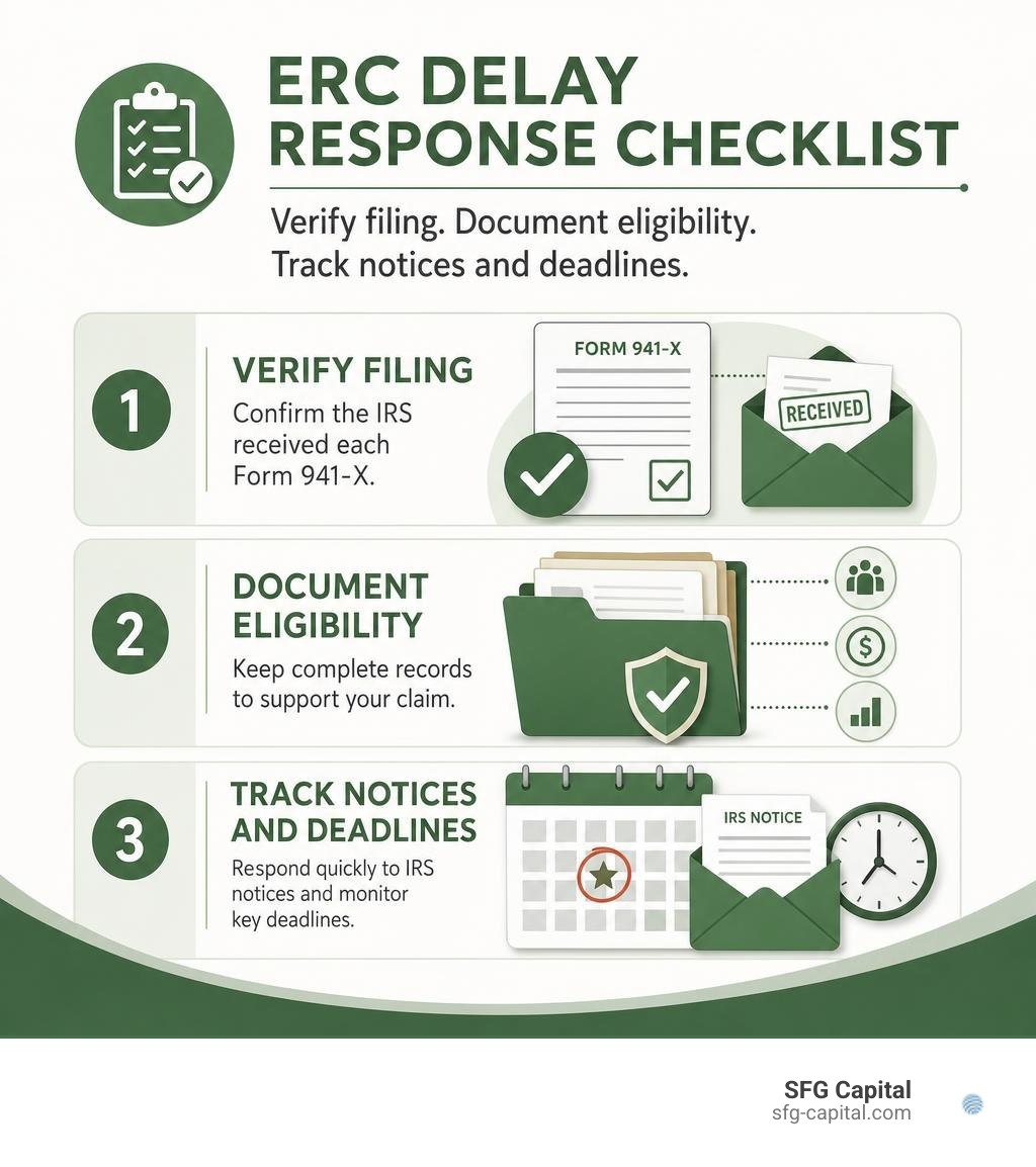 ERC delay response checklist: verify filing, document eligibility, track notices and deadlines infographic