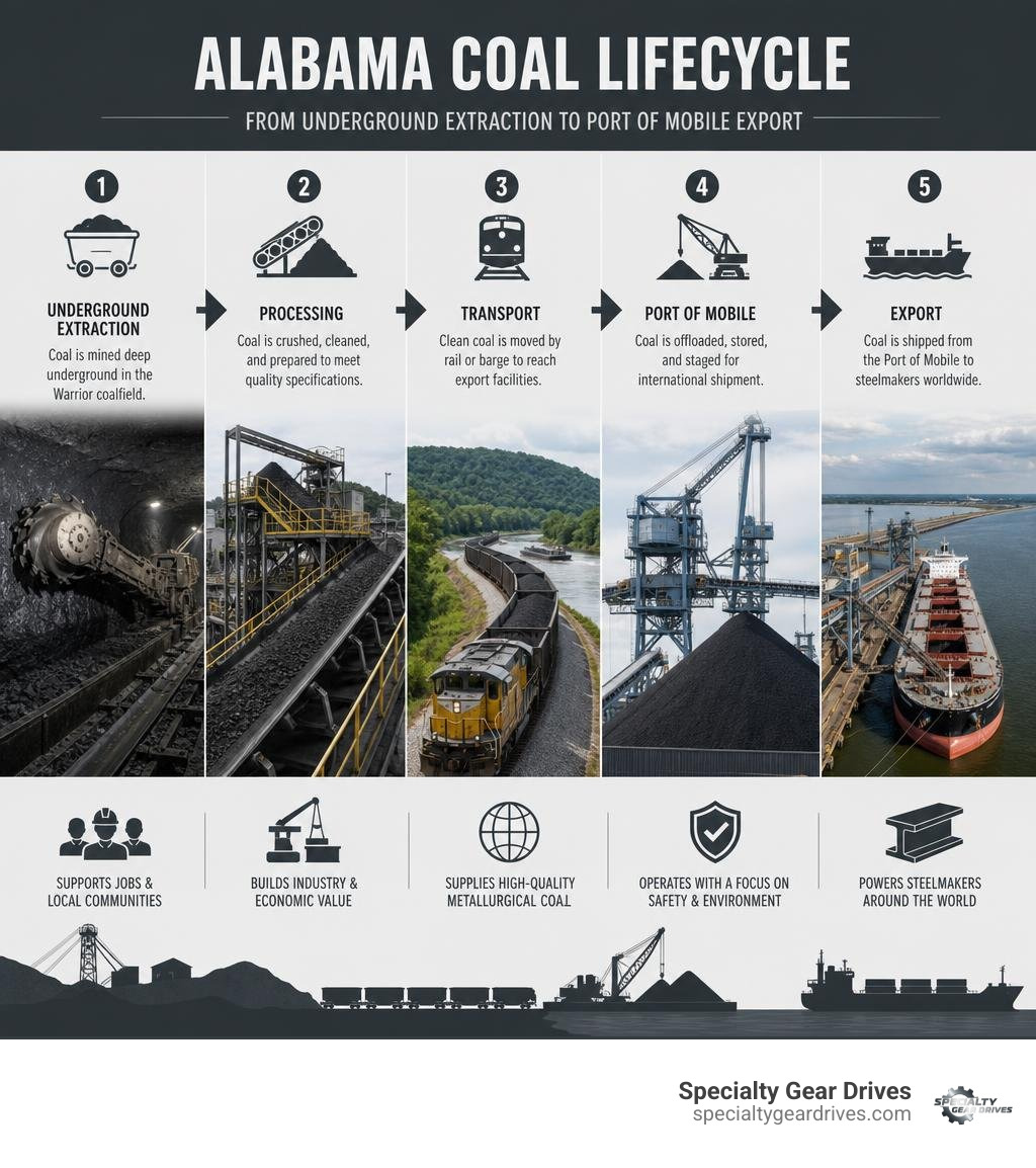 Alabama coal lifecycle from underground extraction through processing and Port of Mobile export infographic Alabama coal lifecycle from underground extraction through processing and Port of Mobile export infographic