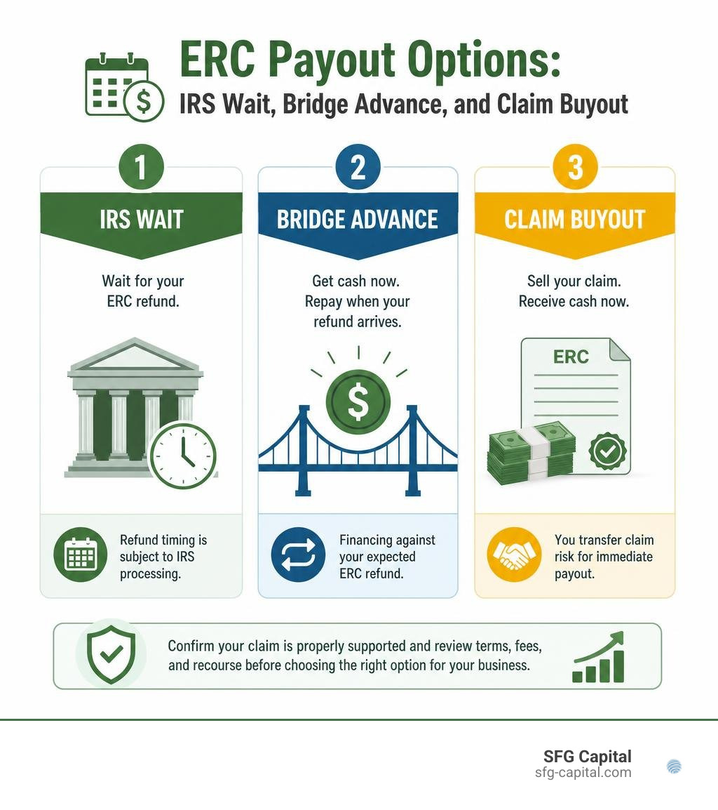 ERC payout options: IRS wait, bridge advance, and claim buyout infographic ERC payout options: IRS wait, bridge advance, and claim buyout infographic