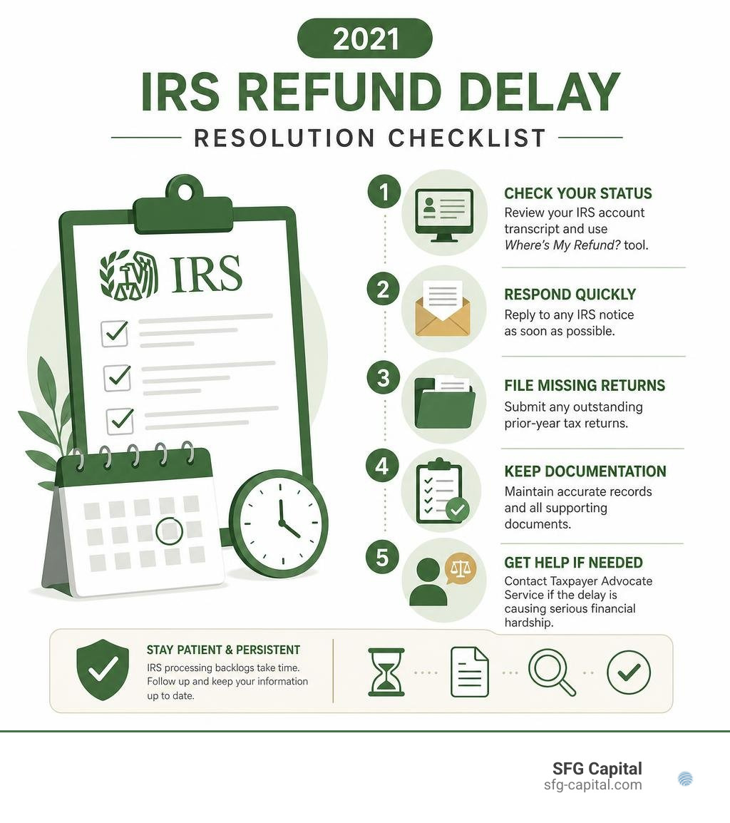 2021 IRS refund delay resolution checklist infographic 2021 IRS refund delay resolution checklist infographic