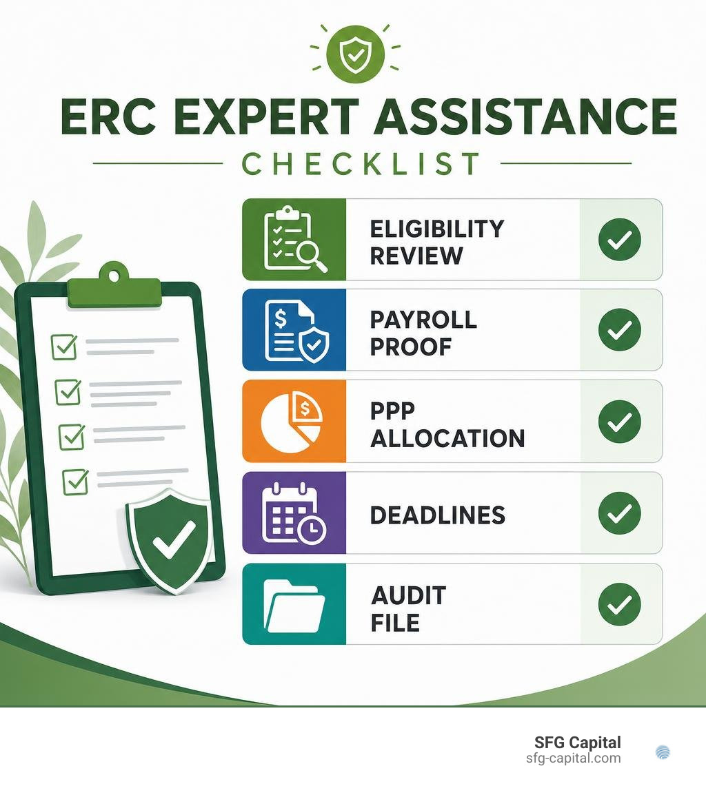 ERC expert assistance checklist: eligibility review, payroll proof, PPP allocation, deadlines, audit file infographic ERC expert assistance checklist: eligibility review, payroll proof, PPP allocation, deadlines, audit file infographic