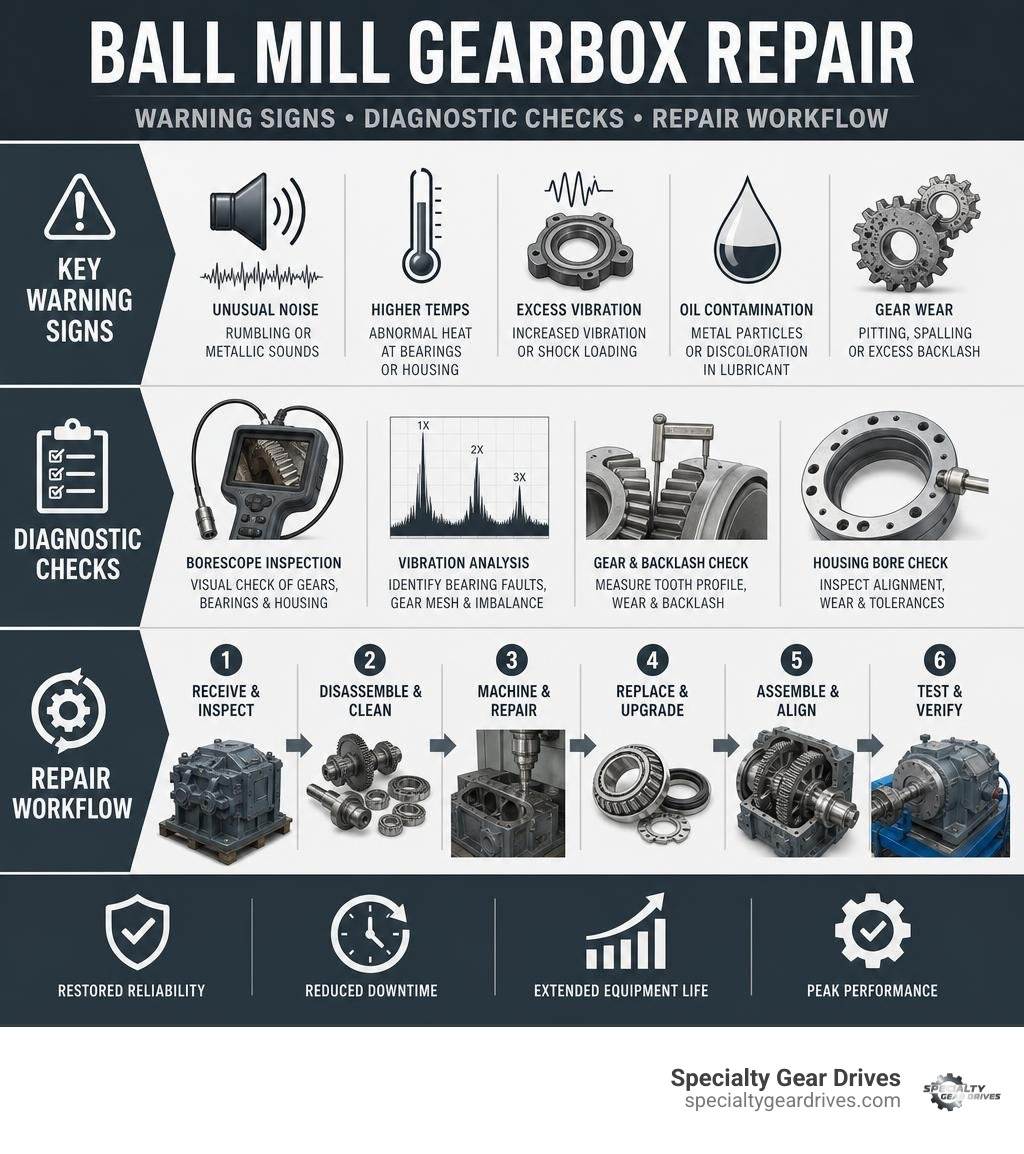 Key warning signs, diagnostic checks, and the industrial ball mill gearbox repair workflow infographic Key warning signs, diagnostic checks, and the industrial ball mill gearbox repair workflow infographic