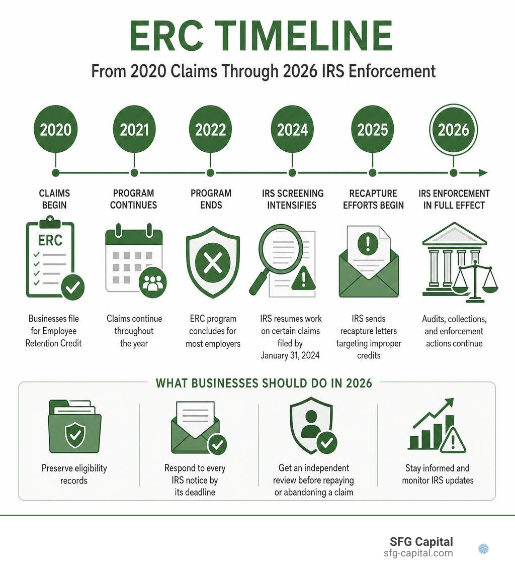 ERC timeline from 2020 claims through 2026 IRS enforcement infographic ERC timeline from 2020 claims through 2026 IRS enforcement infographic