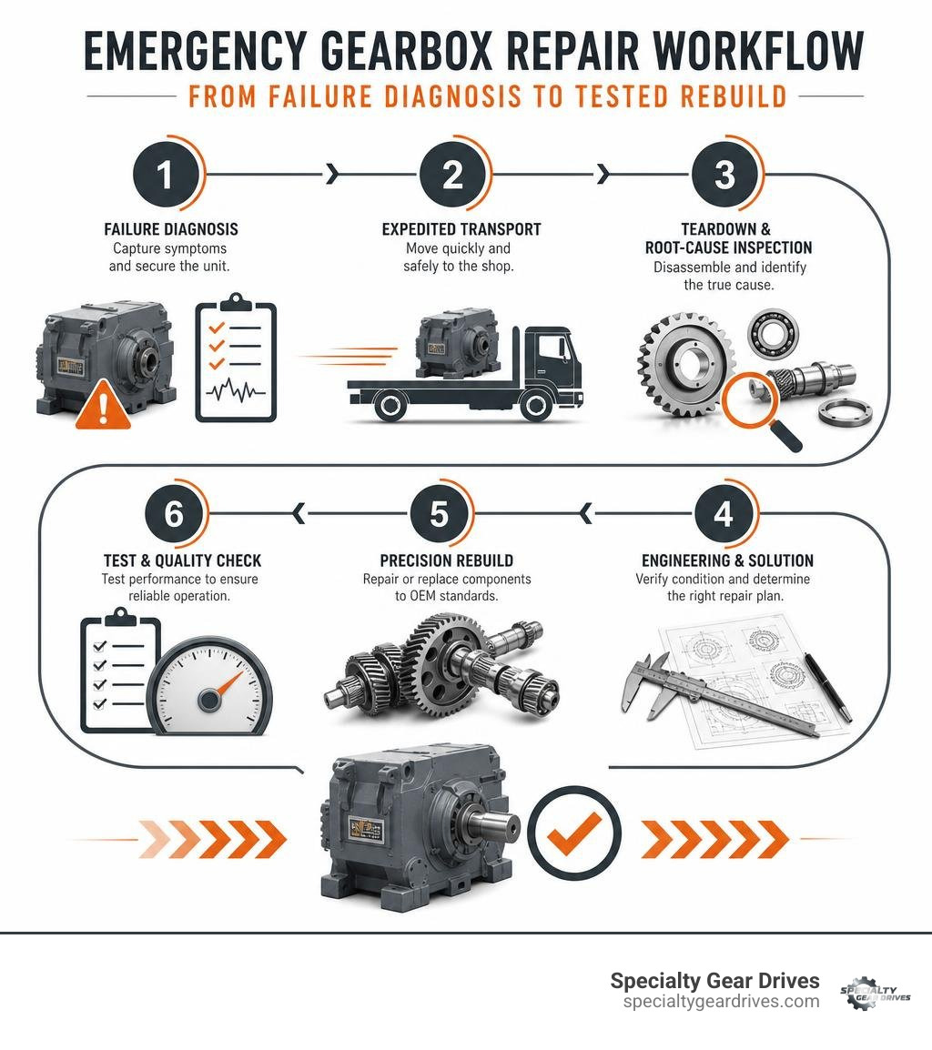 Emergency gearbox repair workflow from failure diagnosis to tested rebuild infographic Emergency gearbox repair workflow from failure diagnosis to tested rebuild infographic
