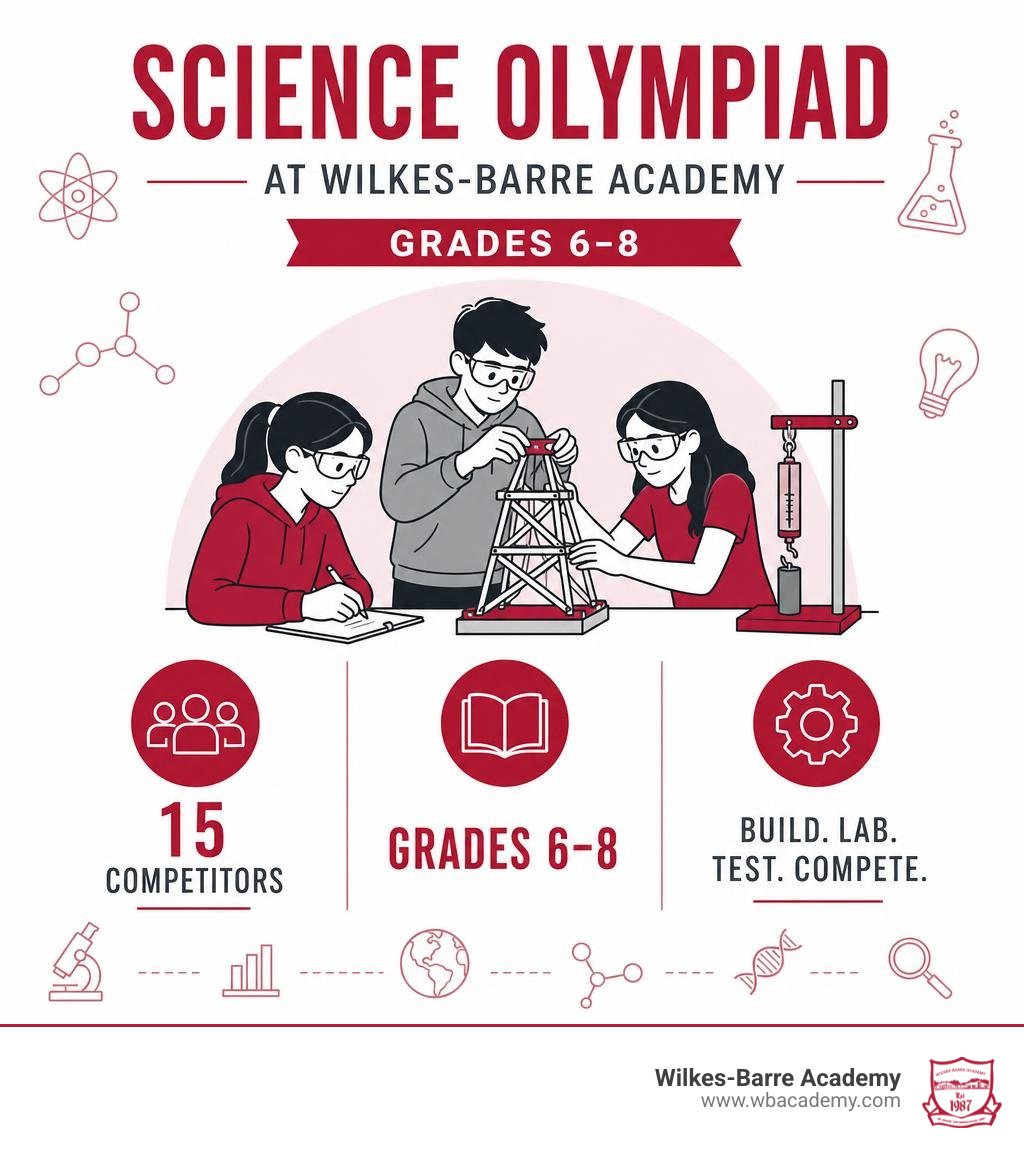 Science Olympiad at Wilkes-Barre Academy: grades 6-8, 15 competitors, build lab testing events infographic Science Olympiad at Wilkes-Barre Academy: grades 6-8, 15 competitors, build lab testing events infographic