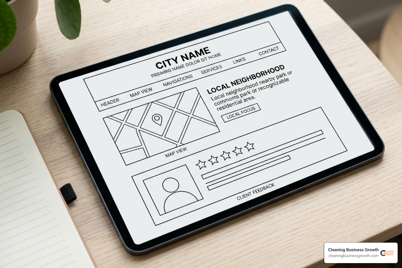 Service area page wireframe showing localized header, landmark details, map, and testimonials Service area page wireframe showing localized header, landmark details, map, and testimonials