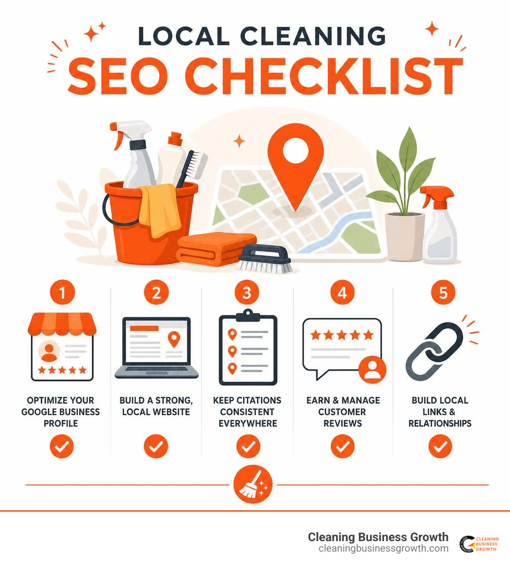 Local cleaning SEO checklist: profile, website, citations, reviews, and local links infographic Local cleaning SEO checklist: profile, website, citations, reviews, and local links infographic