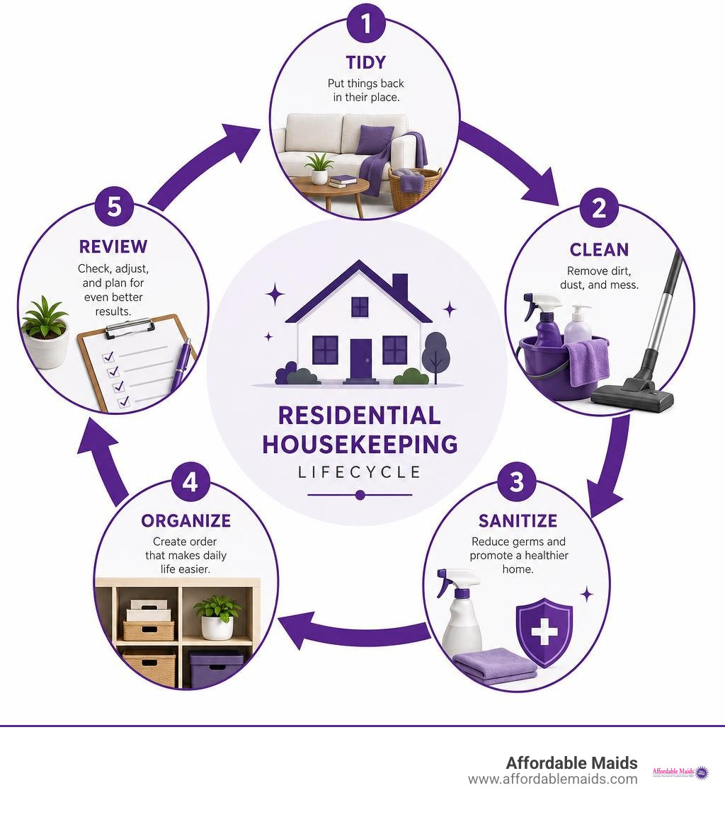 Residential housekeeping lifecycle: tidy, clean, sanitize, organize, review infographic Residential housekeeping lifecycle: tidy, clean, sanitize, organize, review infographic
