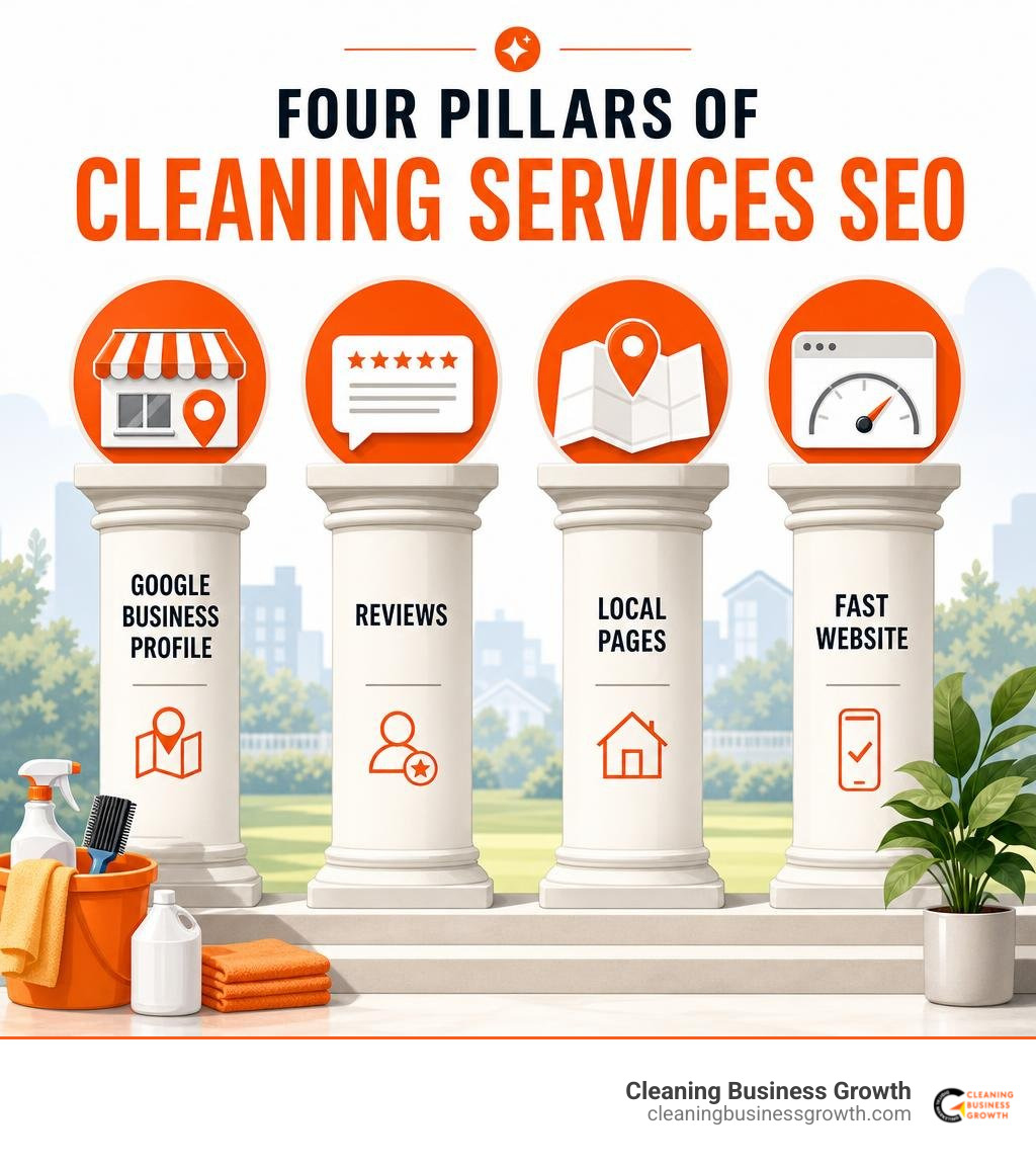 Four pillars of cleaning services SEO: Google Business Profile, reviews, local pages, fast website infographic Four pillars of cleaning services SEO: Google Business Profile, reviews, local pages, fast website infographic
