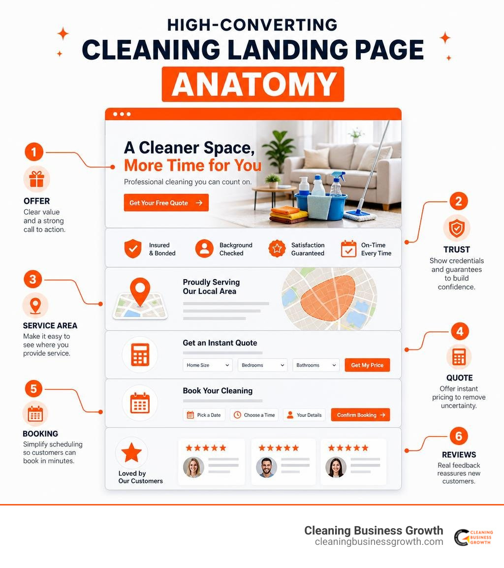 High-converting cleaning landing page anatomy: offer, trust, service area, quote, booking, reviews infographic High-converting cleaning landing page anatomy: offer, trust, service area, quote, booking, reviews infographic