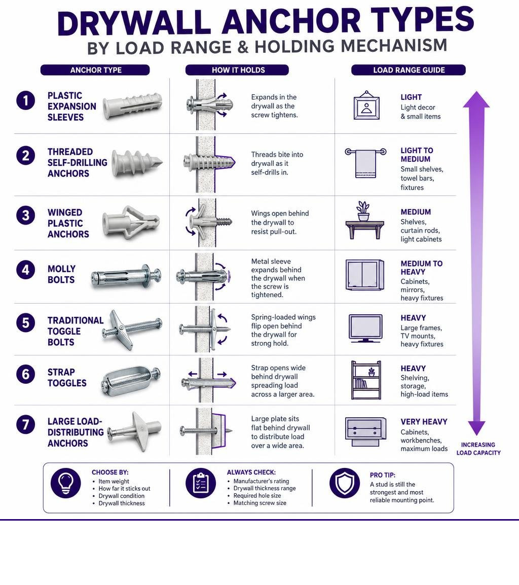 Drywall anchor types by load range and holding mechanism infographic