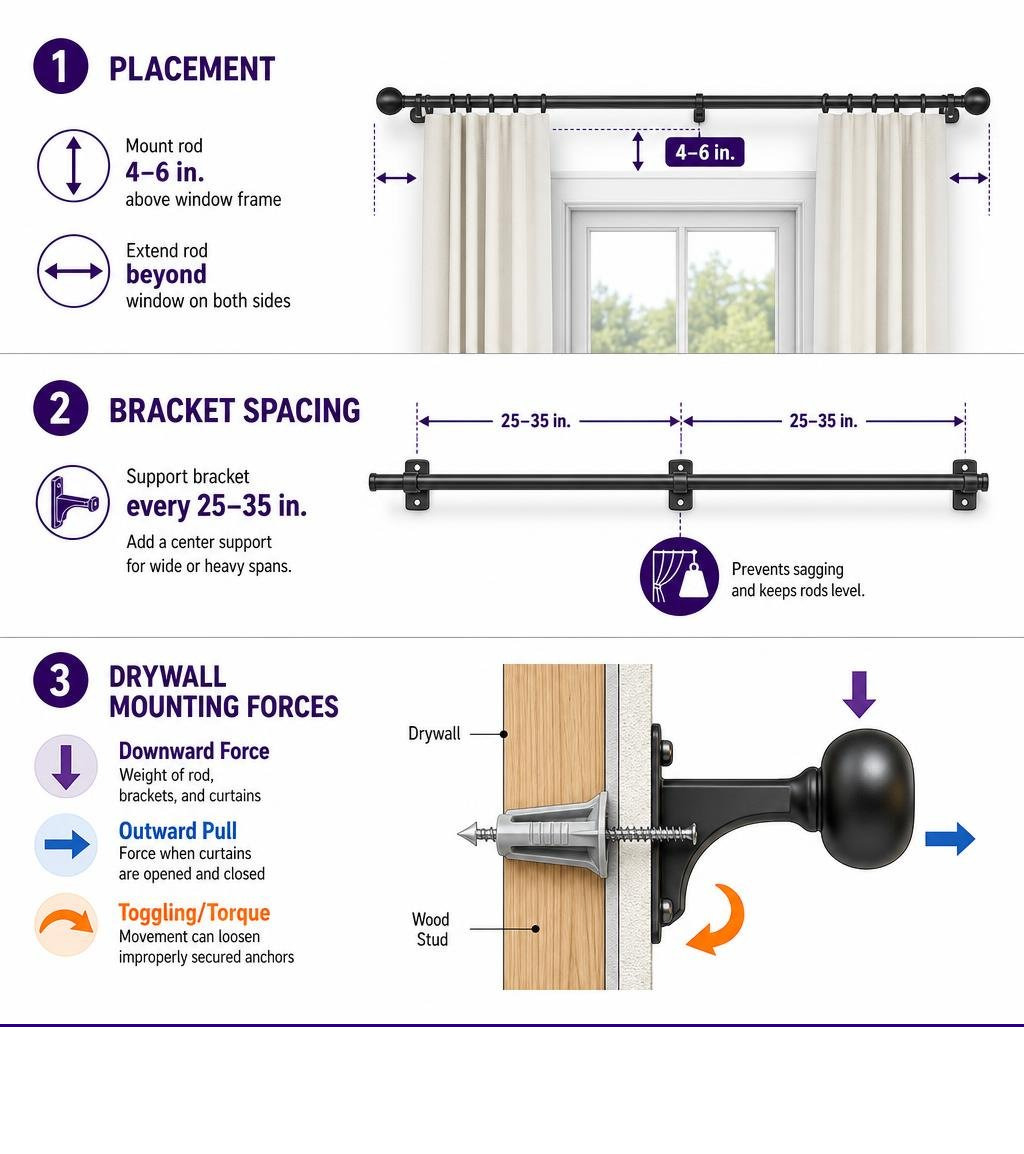 infographic showing curtain rod placement, bracket spacing, and drywall mounting forces infographic