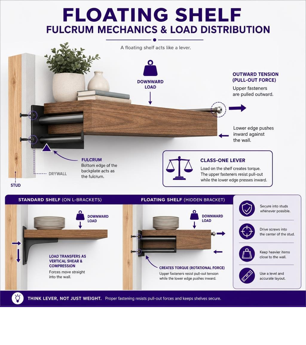 Floating shelf fulcrum mechanics and load distribution infographic