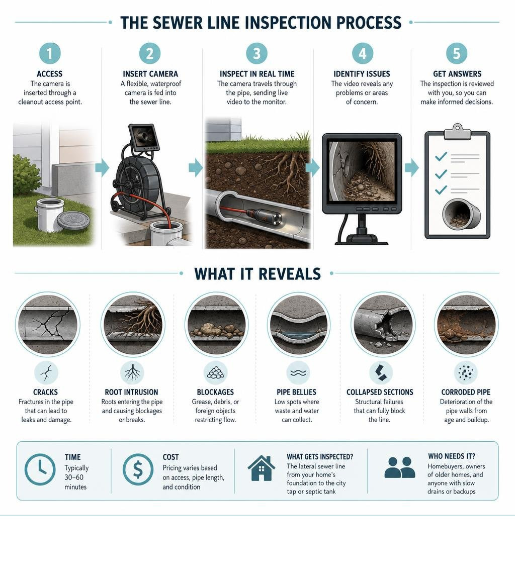 Infographic explaining the sewer line inspection process steps and what it reveals infographic