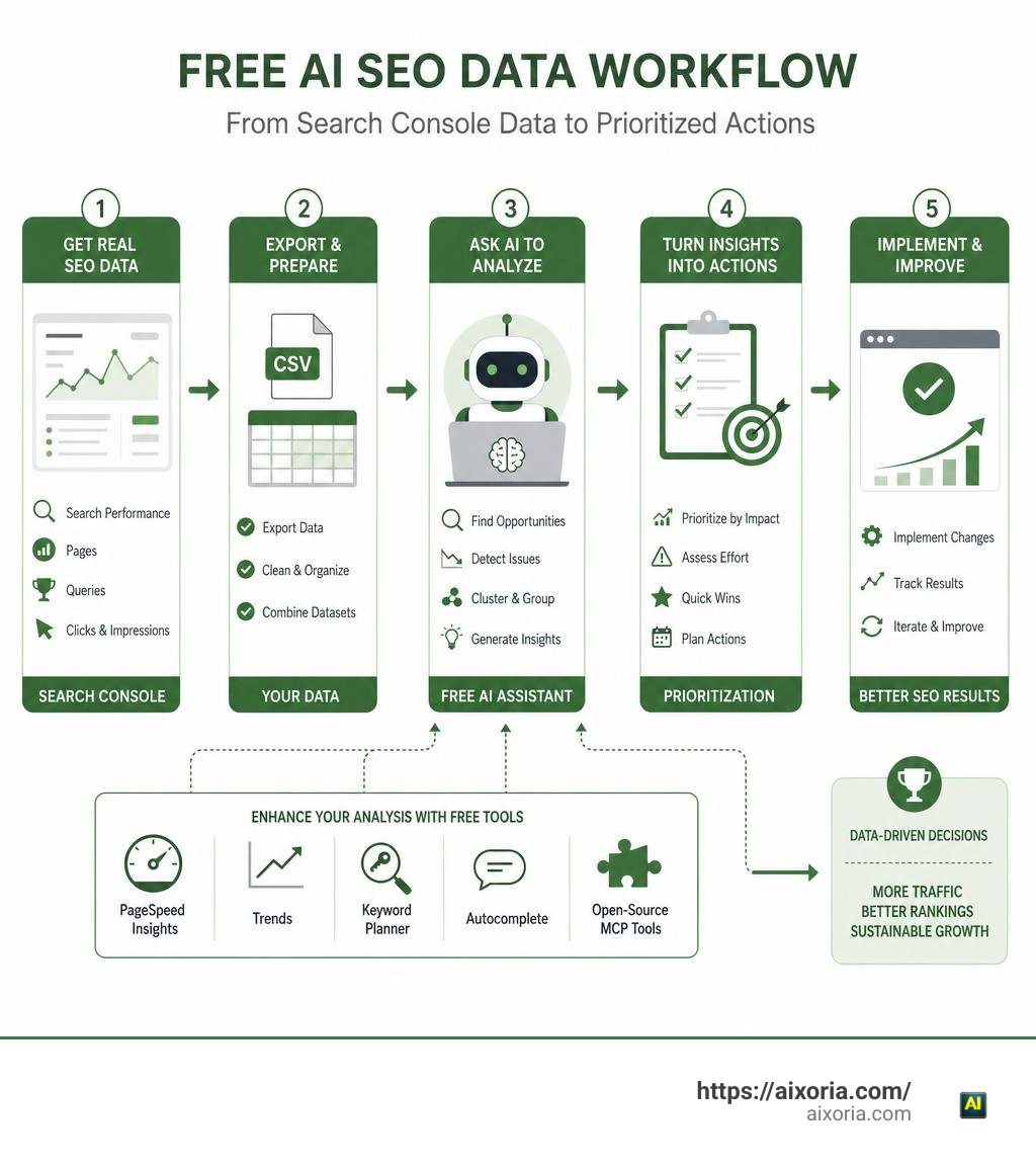 Free AI SEO data workflow from Search Console data to prioritized actions infographic
