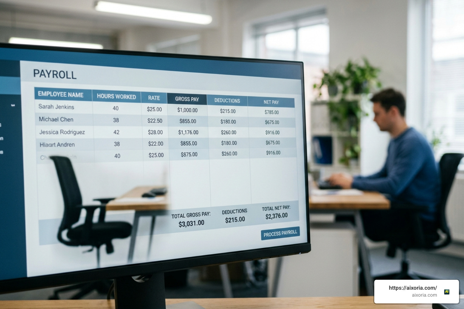 Modern payroll interface displaying automated wage calculations
