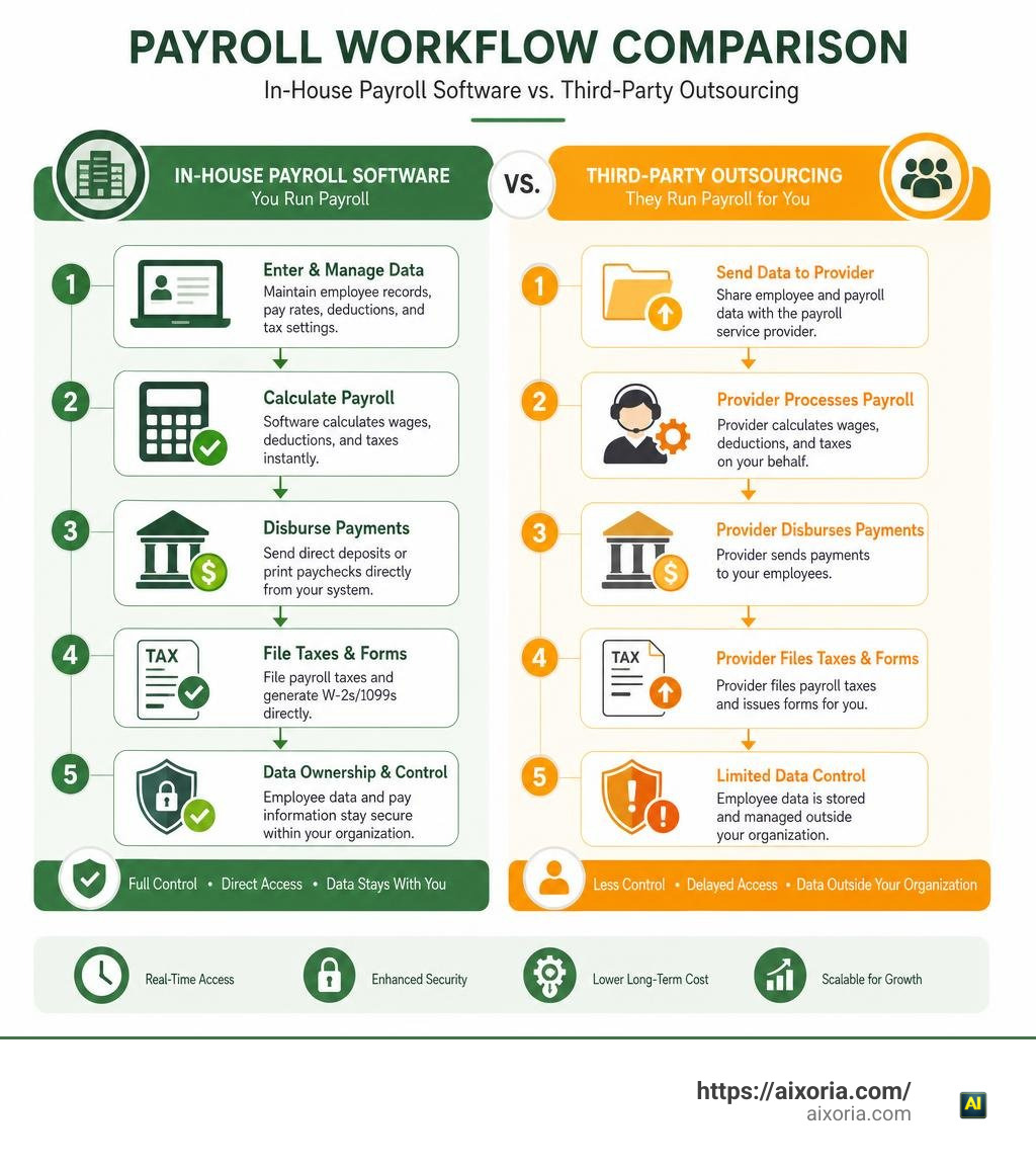 Workflow comparison between running in-house payroll software versus third-party outsourcing infographic