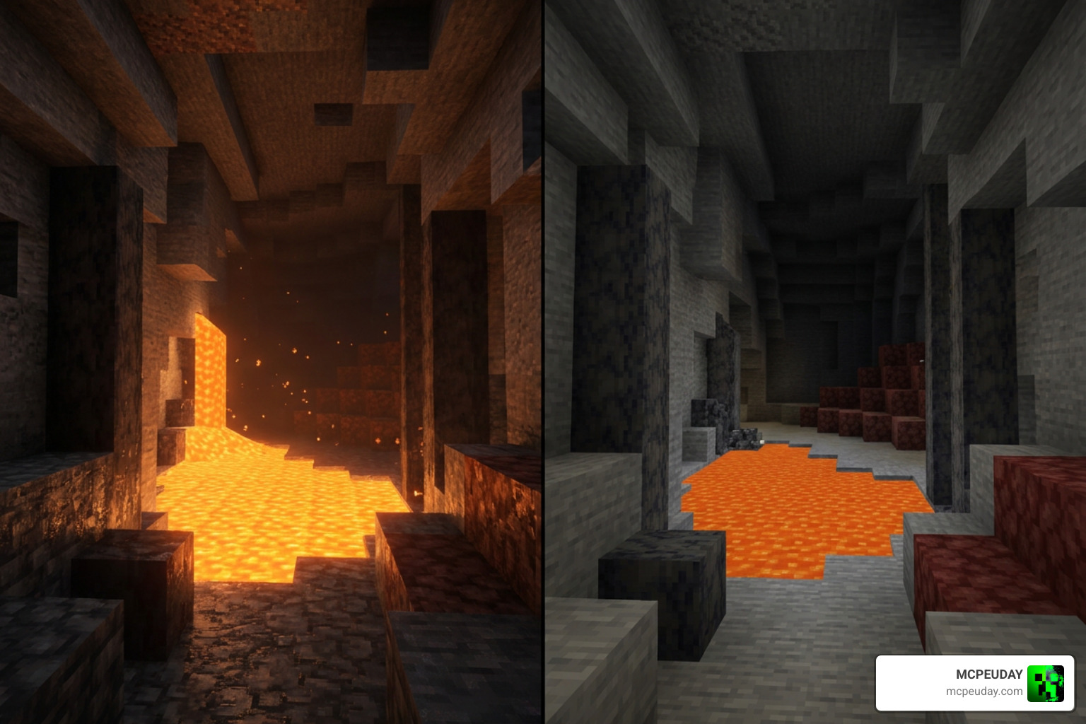 Split comparison between BSLB Dreamy Visuals and standard vanilla lighting Split comparison between BSLB Dreamy Visuals and standard vanilla lighting