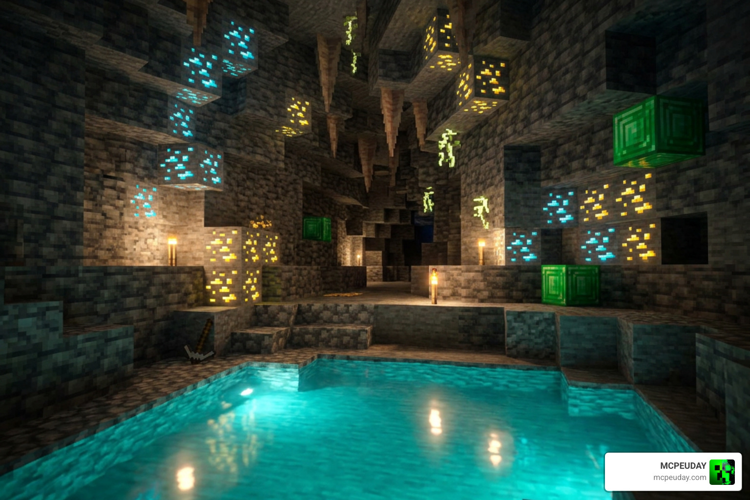 Shimmering ores and dynamic glowing water in Minecraft cave Shimmering ores and dynamic glowing water in Minecraft cave