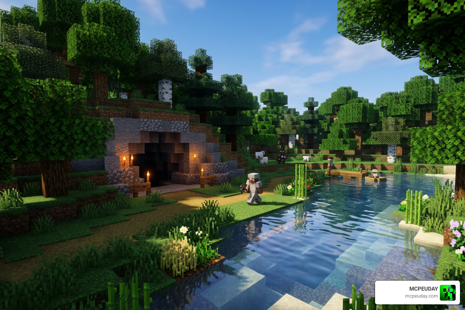 Sapphire blue sky gradients dynamic lighting and reflective water in Minecraft Bedrock