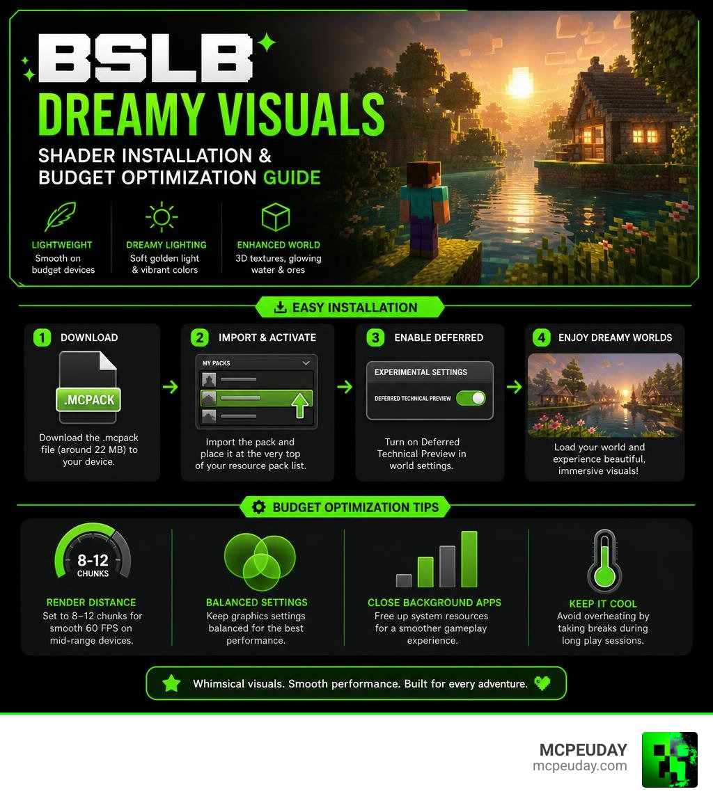 BSLB Dreamy Visuals Shader installation and budget optimization guide infographic BSLB Dreamy Visuals Shader installation and budget optimization guide infographic