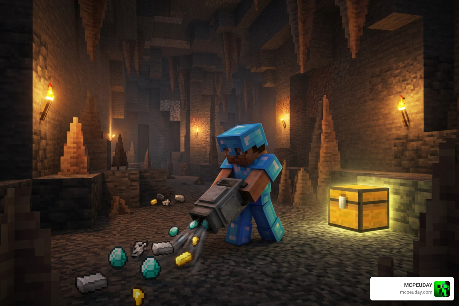 Player vacuuming dropped ores in a deepslate cavern