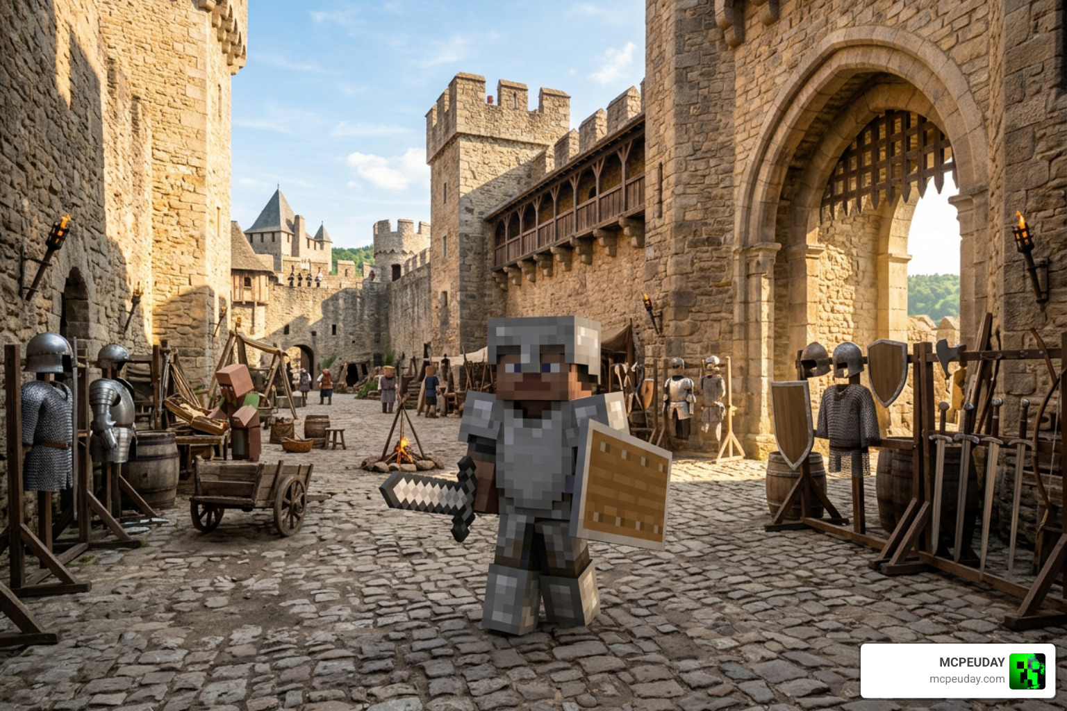 Showcase of medieval knight armor sets and weaponry in Minecraft