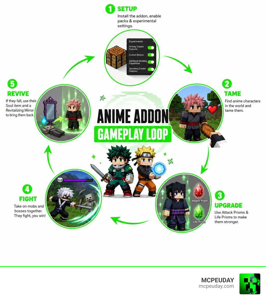 Anime addon setup tame upgrade fight revive gameplay loop infographic