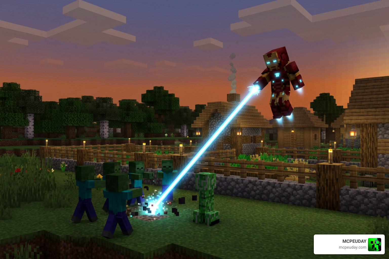 Superhero combat against hostile mobs in Bedrock Edition