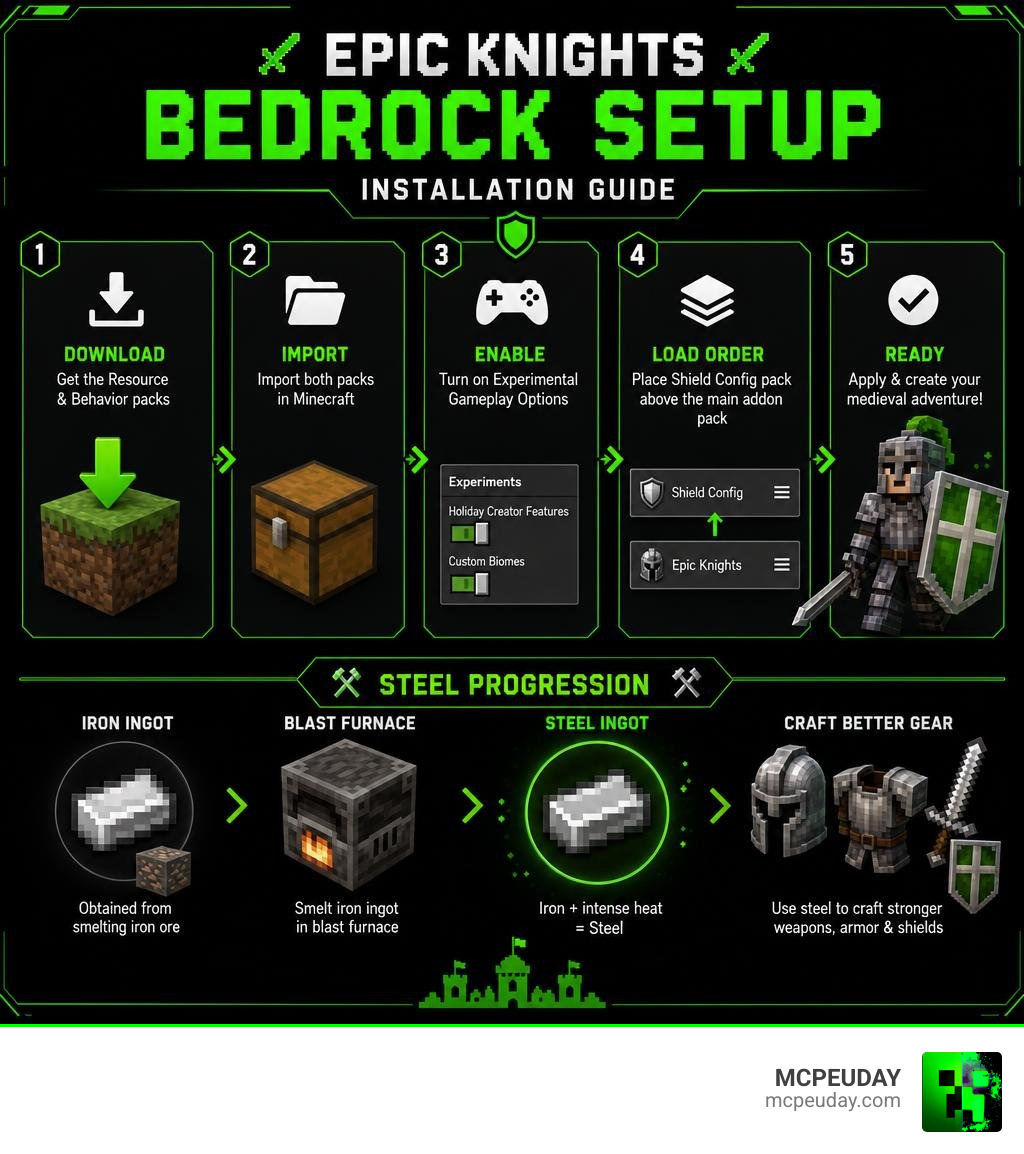 Epic Knights Bedrock installation and steel progression infographic infographic