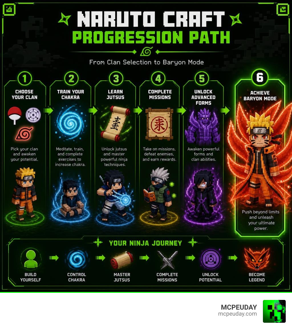 Naruto Craft progression from clan selection and chakra training to Baryon Mode infographic