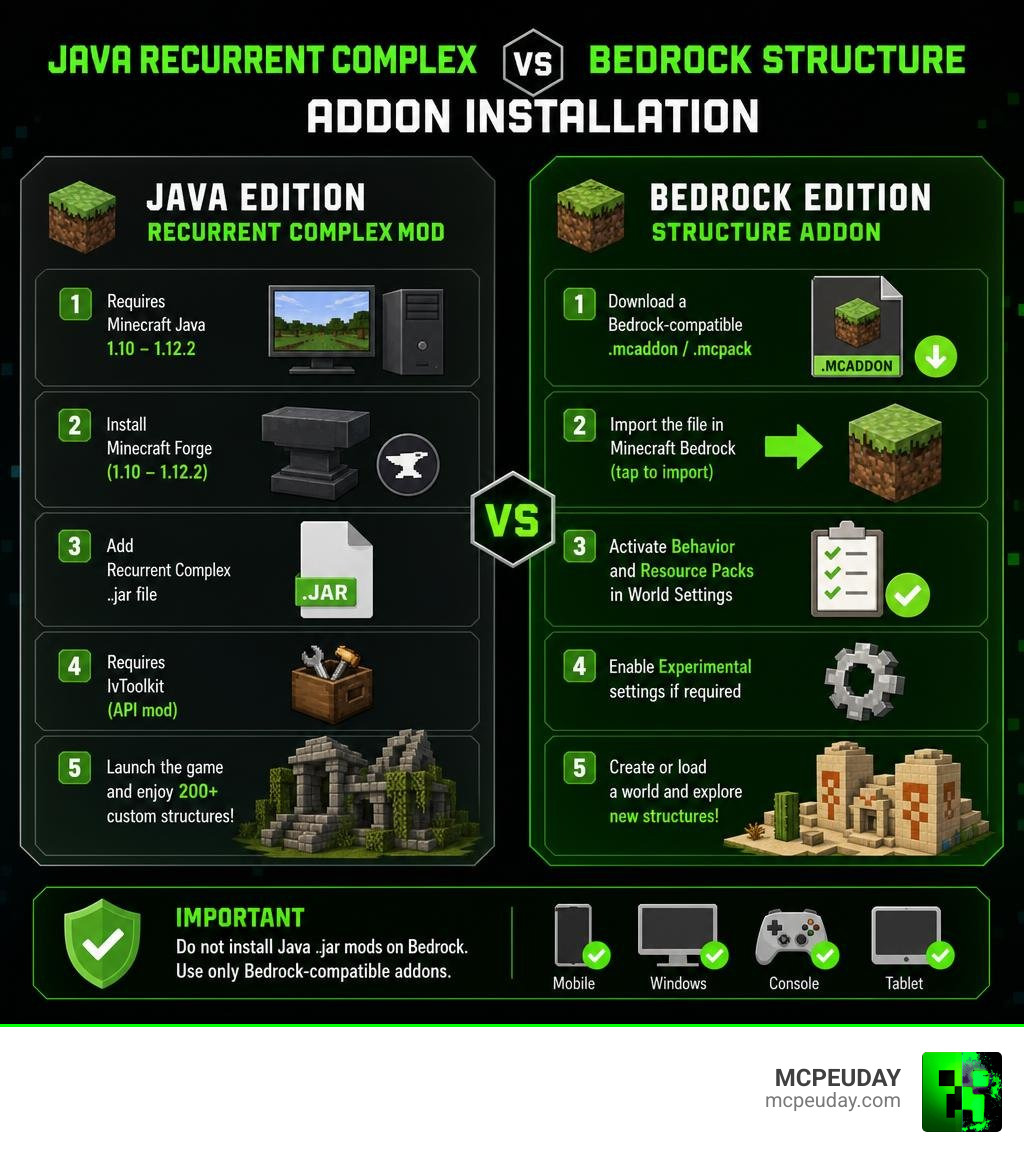 Java Recurrent Complex versus Bedrock structure addon installation infographic