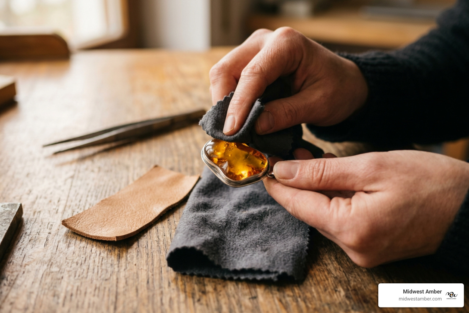 buffing amber with soft flannel and leather
