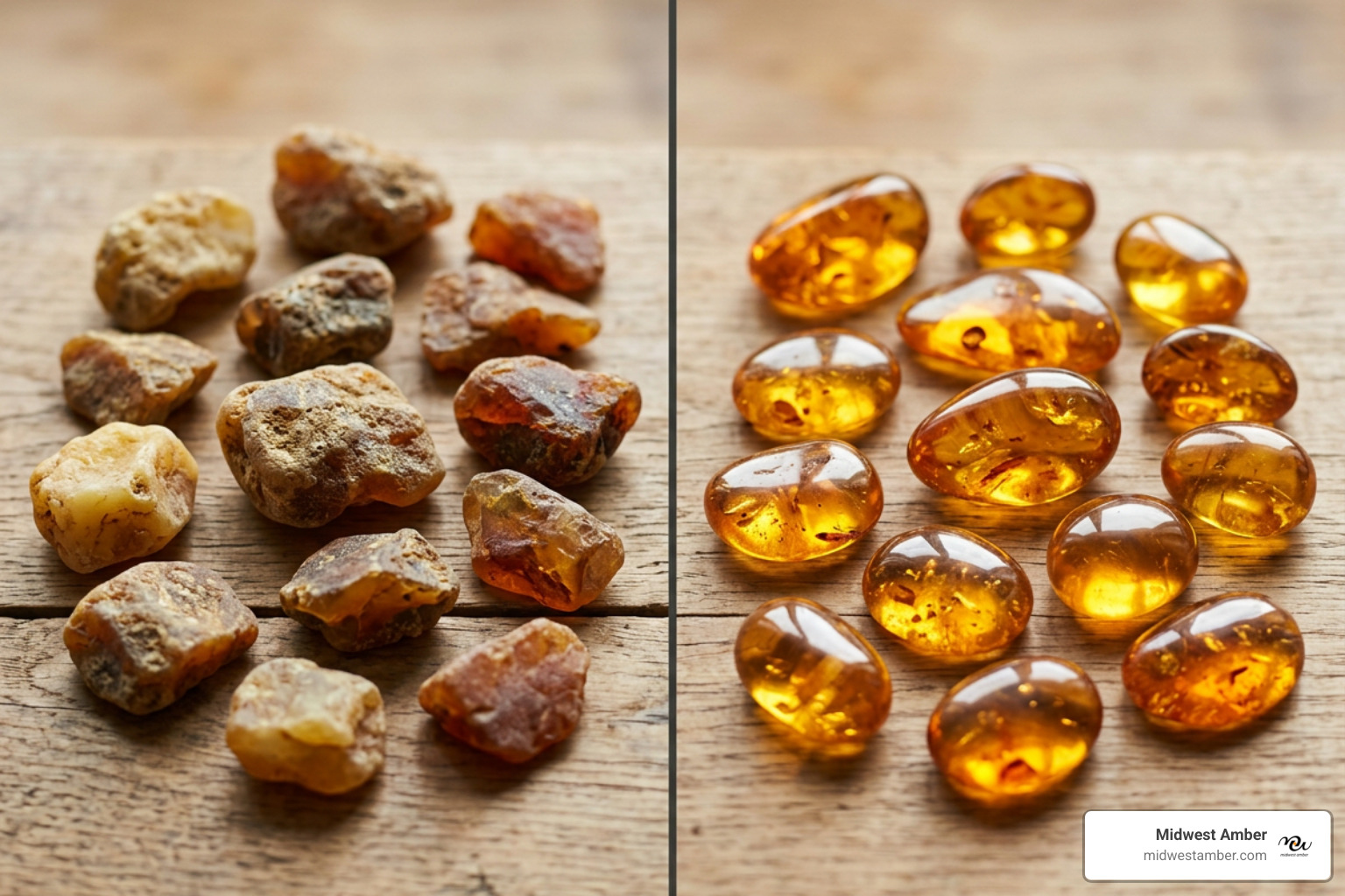 raw vs polished Baltic amber stones