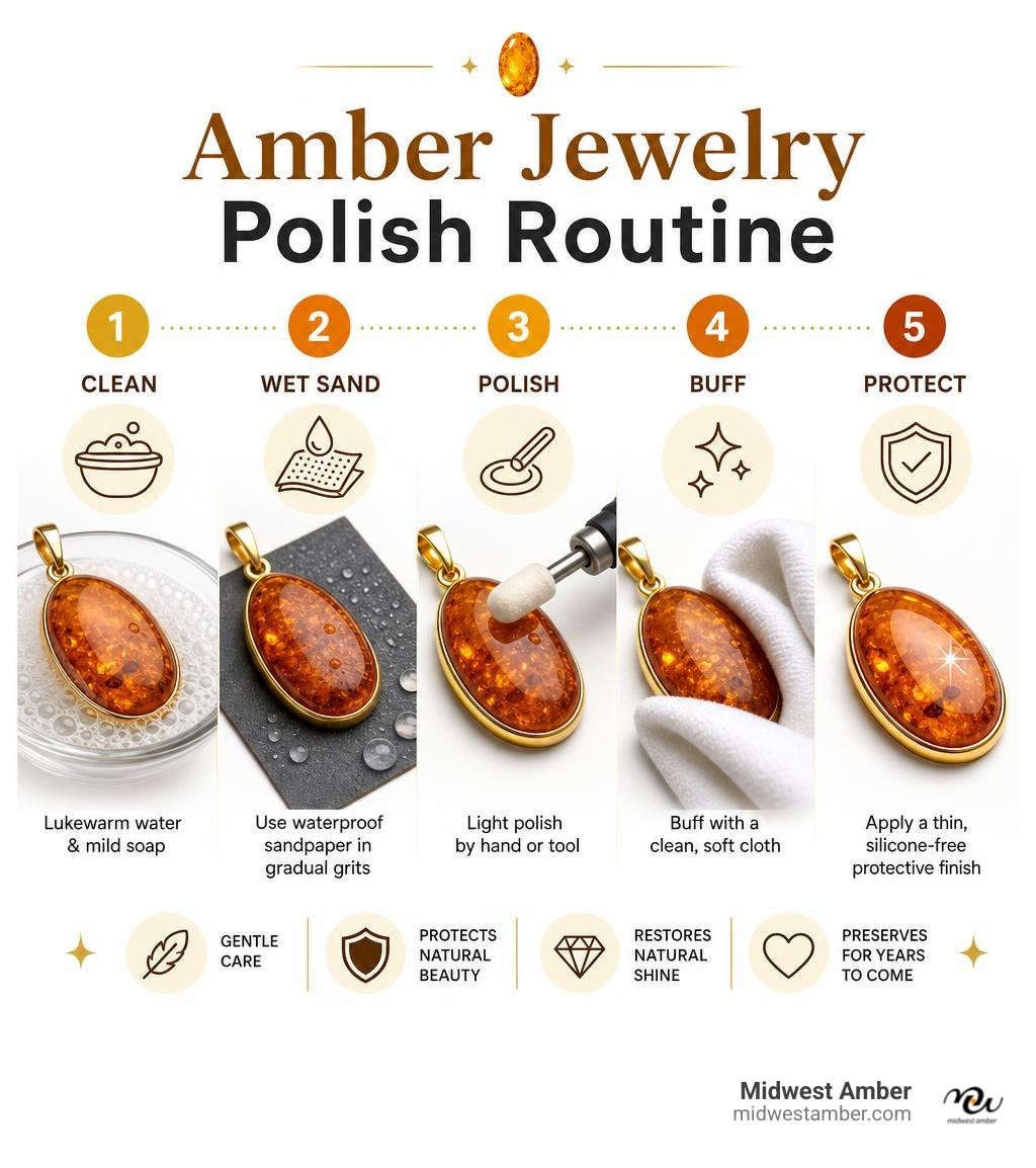 Amber jewelry polish routine: clean, wet sand, polish, buff, protect infographic