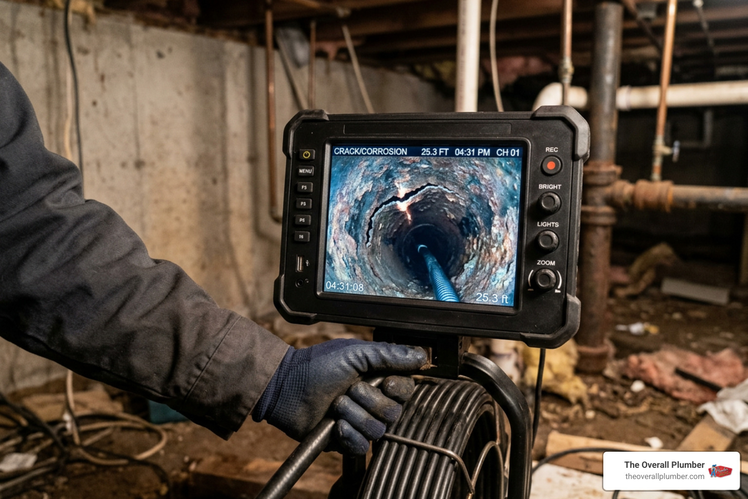 sewer camera diagnostic monitor showing severe crack and corrosion in cast iron line sewer camera diagnostic monitor showing severe crack and corrosion in cast iron line